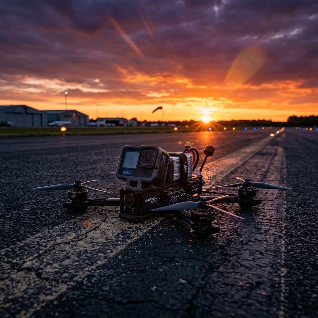FPV Drone on Runway at Sunset